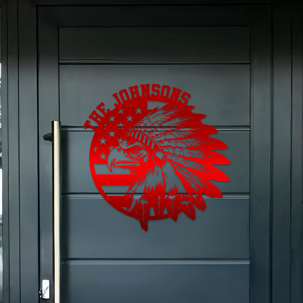 Custom Family Name Patriotic Native Eagle Metal House Metal Sign, Patriotic Wall Art HO82 901160