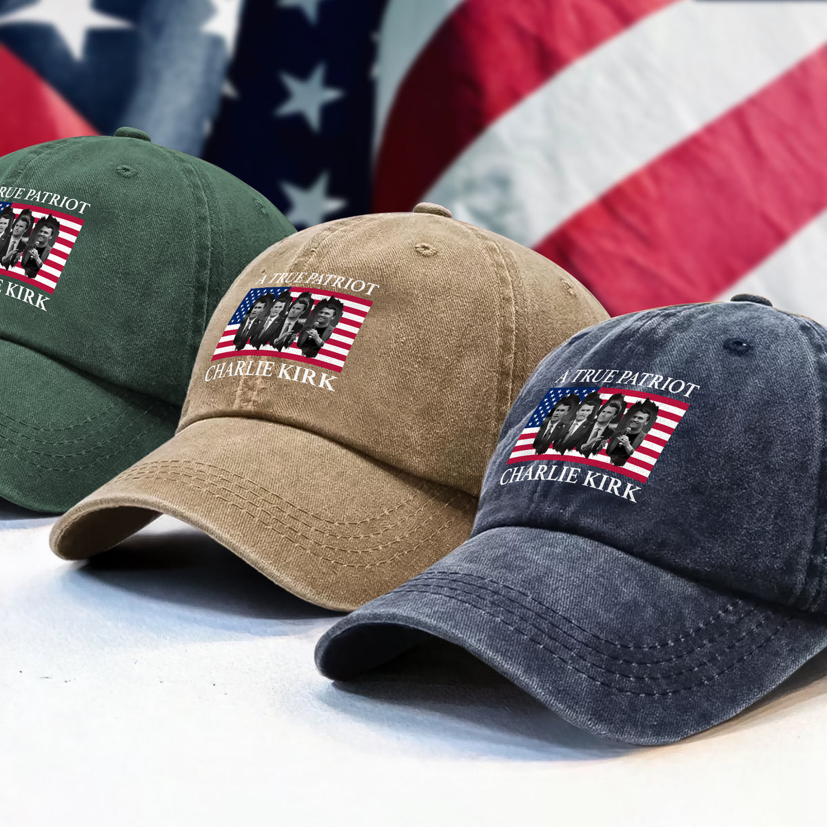 Charlie Kirk Memorial A True Patriot American Flag Washed Denim Baseball Cap CH07 67452