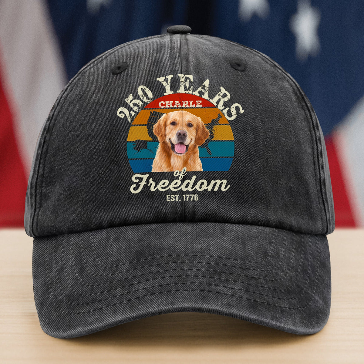 Custom Dog Photo 250 Years of Freedom EST. 1776 Washed Denim Baseball Cap LM32 895329
