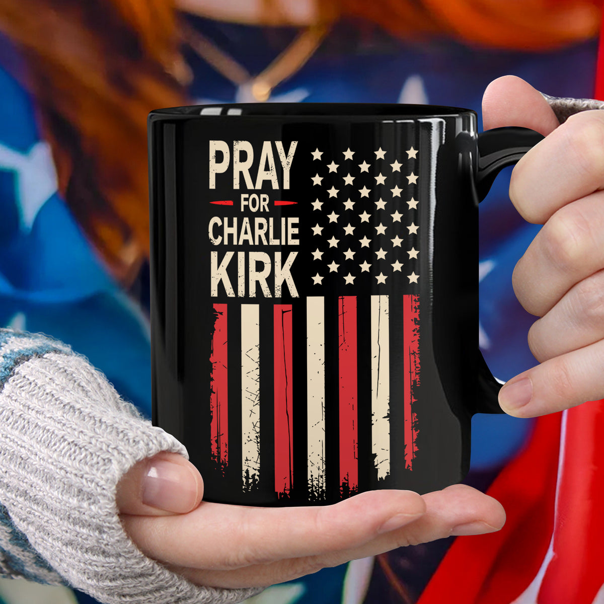 Distressed American Flag: Pray for Charlie Kirk Memorial Black Mug LM32 65619